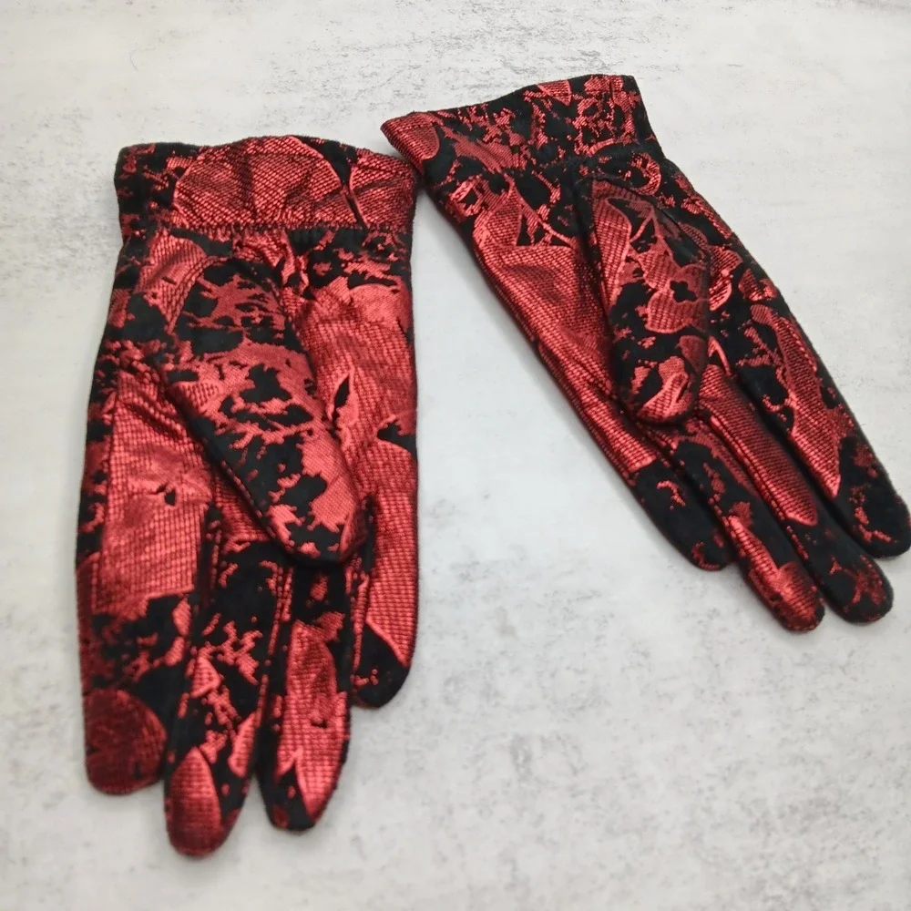 VTG Gloves S Black Metallic Red Floral Faux Fur Lined Holiday Party Whimsigoth